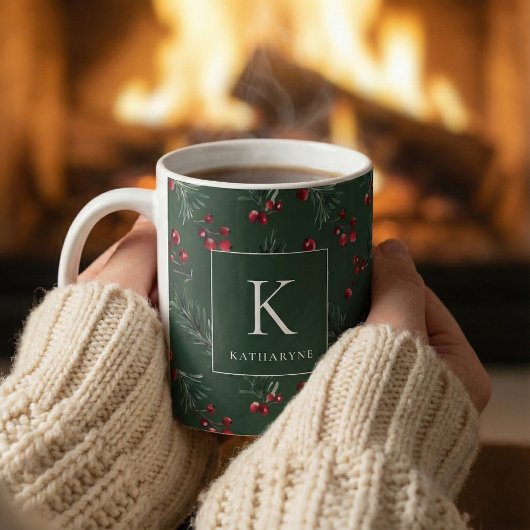 Mug Aquarelle d'hiver vert foncé Monogramme botanique