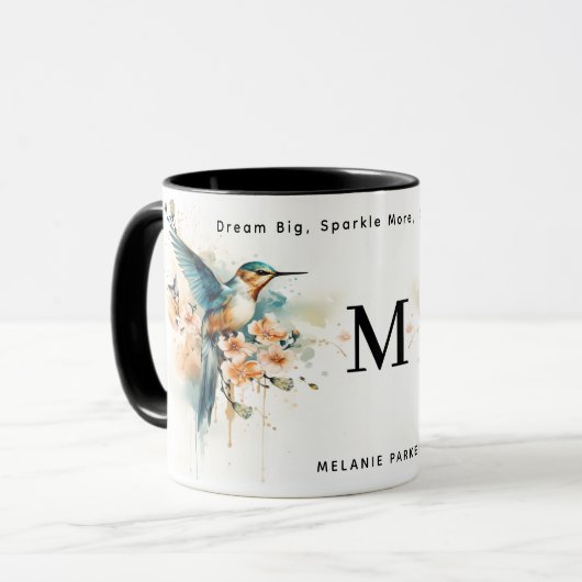 Mug Aquarelle Élégant Monogramme De Colibri Avec Nom (Devant gauche)