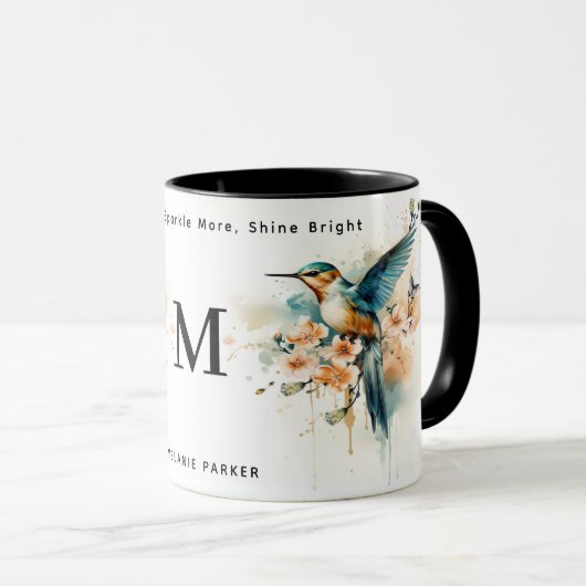 Mug Aquarelle Élégant Monogramme De Colibri Avec Nom (Devant droit)
