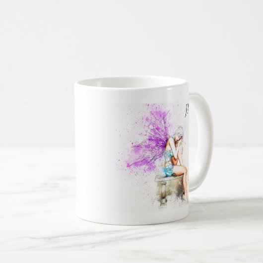 Mug Aquarelle Fée en bleu avec Monogramme (Devant droit)