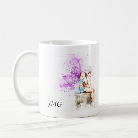 Mug Aquarelle Fée en bleu avec Monogramme (Gauche)