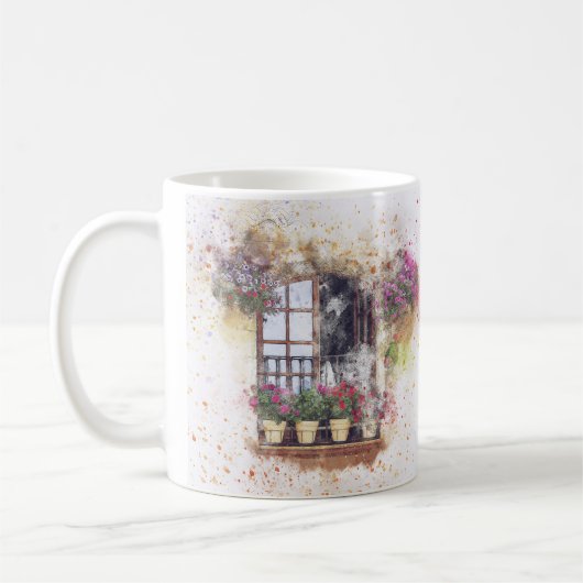 Mug Aquarelle Fenêtre Jardin Fleurs colorées (Gauche)