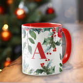 Mug Aquarelle Fleur de Noël élégant monogramme rouge