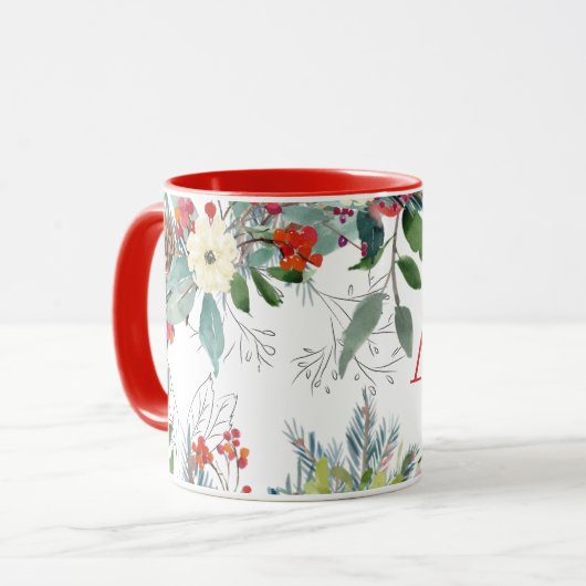 Mug Aquarelle Fleur de Noël élégant monogramme rouge (Devant gauche)