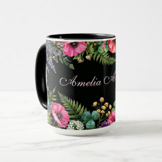 Mug Aquarelle Fleur Sauvage Noire avec Nom Personnalis