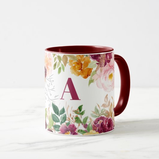 Mug Aquarelle fleurie classe élégant monogramme bordea (Devant droit)