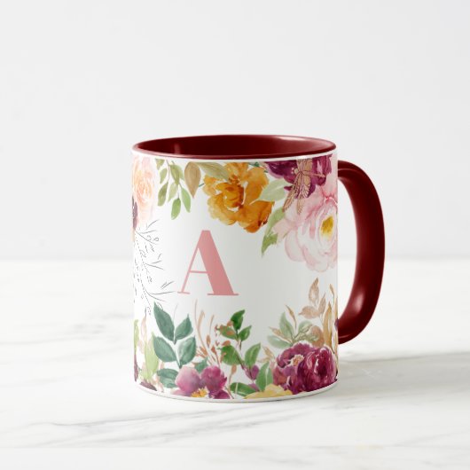 Mug Aquarelle fleurie classe élégant vert monogramme (Devant droit)