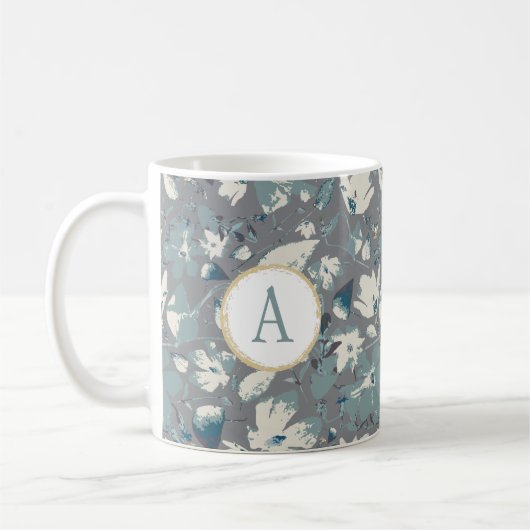 Mug Aquarelle Fleurs Clematis gris bleu Monogramme (Gauche)