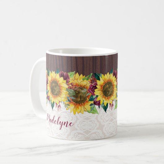 Mug Aquarelle Fleurs de soleil dentelle Bois Nom rusti (Devant gauche)