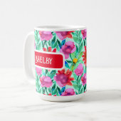 Mug Aquarelle Fleurs en Turquoise, rouge et rose (Devant gauche)