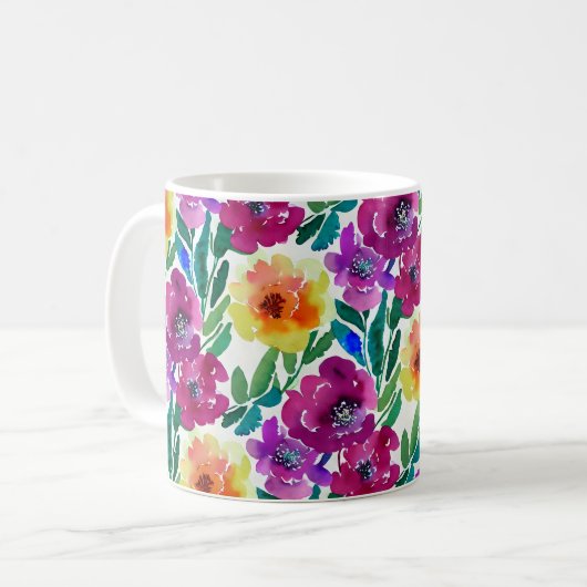 Mug Aquarelle Fleurs Maroon Jaune (Devant gauche)