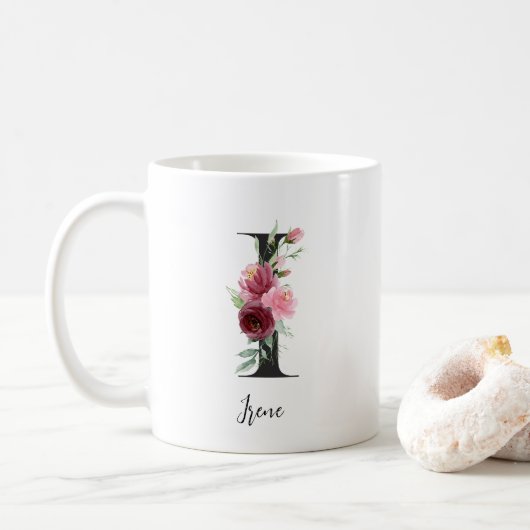 Mug Aquarelle Fleurs Monogramme I Nom personnalisé (Avec donut)