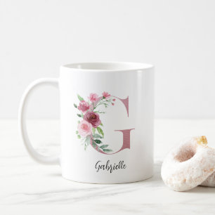 Mug Aquarelle Fleurs Monogramme Rose G Nom personnalis