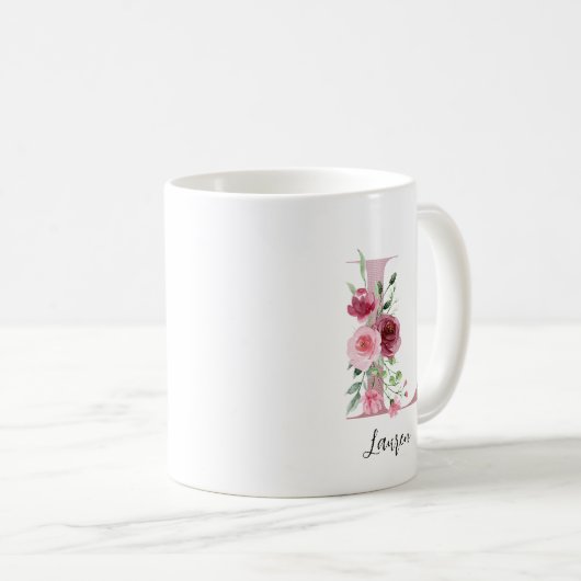 Mug Aquarelle Fleurs Monogramme Rose L Nom personnalis (Devant droit)