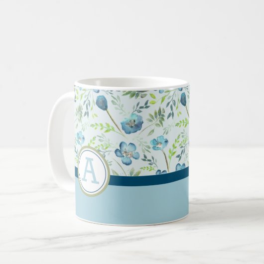 Mug Aquarelle Fleurs Monogrammes Bleu Vert (Devant gauche)