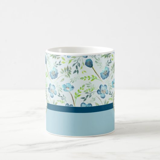 Mug Aquarelle Fleurs Monogrammes Bleu Vert (Centre)