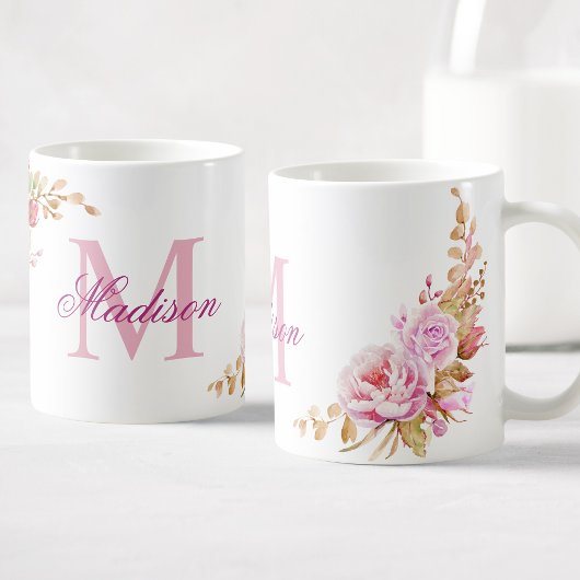 Mug Aquarelle Fleurs pourpres Nom du monogramme person