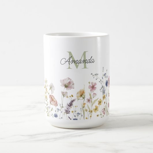 Mug Aquarelle Fleurs sauvages Boho élégant avec Monogr (Centre)