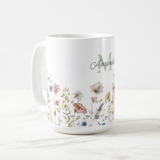 Mug Aquarelle Fleurs sauvages Boho élégant avec Monogr (Devant gauche)