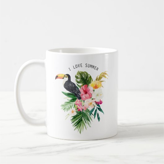Mug Aquarelle Fleurs tropicales avec Toucan Custom (Gauche)