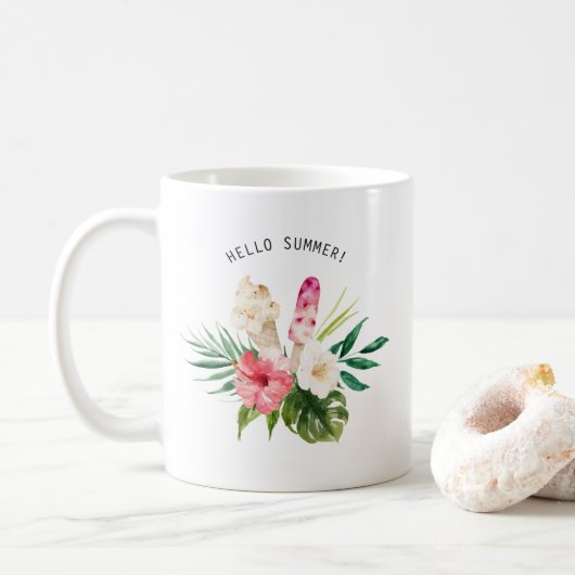 Mug Aquarelle Fleurs tropicales, Feuilles avec crème g (Avec donut)