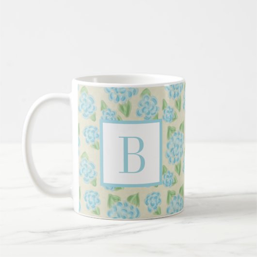 Mug Aquarelle Floral Bleu Hydrangée Monogramme initial (Gauche)