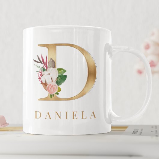 Mug Aquarelle Floral & Lettre Or D Monogramme