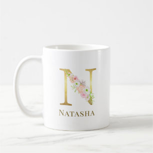 Mug Aquarelle Floral & Lettre Or E Monogramme
