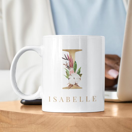 Mug Aquarelle Floral & Lettre Or I Monogramme