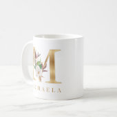 Mug Aquarelle Floral & Lettre Or M Monogramme (Devant gauche)