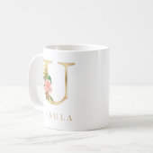 Mug Aquarelle Floral & Lettre or U Monogramme (Devant gauche)