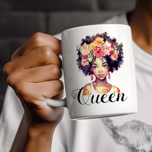 Mug Aquarelle Floral noir Afro femme avec Monogramme