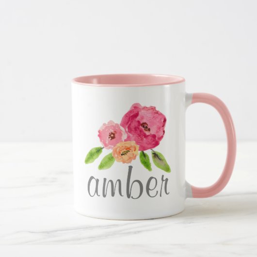Mug Aquarelle Floral Nom personnalisé Girly Monogramme (Droite)
