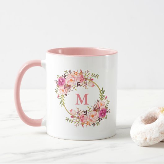 Mug Aquarelle Floral Rose Blanc Or Cercle Monographie (Avec donut)