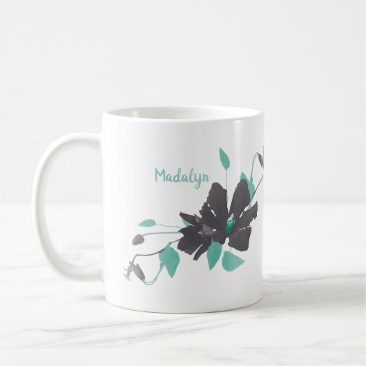 Mug Aquarelle Floral tendance Turquoise Grey Nom Café (Gauche)