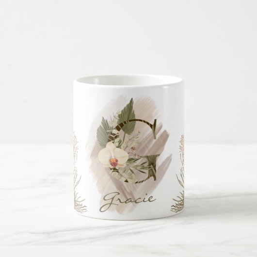 Mug Aquarelle florale Boho Nom du monogramme personnal (Centre)