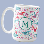 Mug Aquarelle florale d'oiseaux monogrammes<br><div class="desc">Joli dessin d'oiseau peint à la main et de fleurs sauvages dans les tons vifs de rose,  orange,  violet et vert turquoise. Parfait pour les ornithologues,  les ornithologues,  les jardiniers et les amoureux de la nature. Modifier le monogramme moderne initial pour customiser</div>
