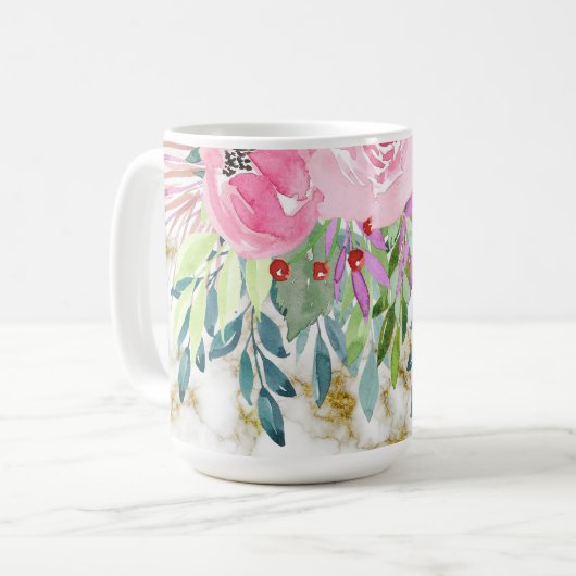Mug Aquarelle Florale et Marbre d'or (Devant gauche)