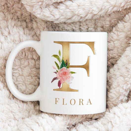 Mug Aquarelle Florale et or Lettre F Monogramme