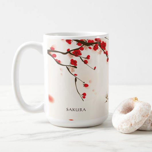 Mug Aquarelle Florale Fleurs de cerisier rouge Personn (Avec donut)
