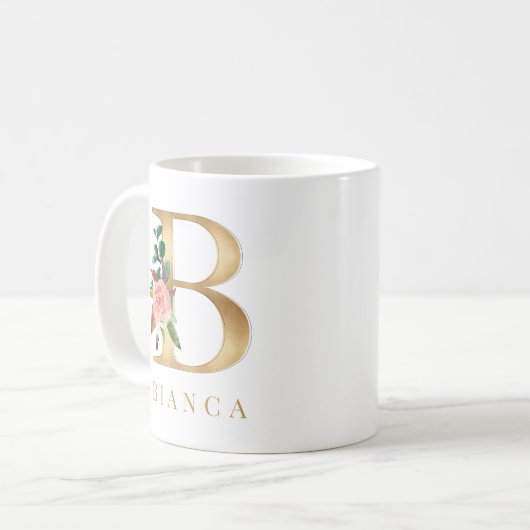 Mug Aquarelle Florale & Lettre or B Monogramme (Devant gauche)