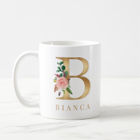 Mug Aquarelle Florale & Lettre or B Monogramme (Gauche)