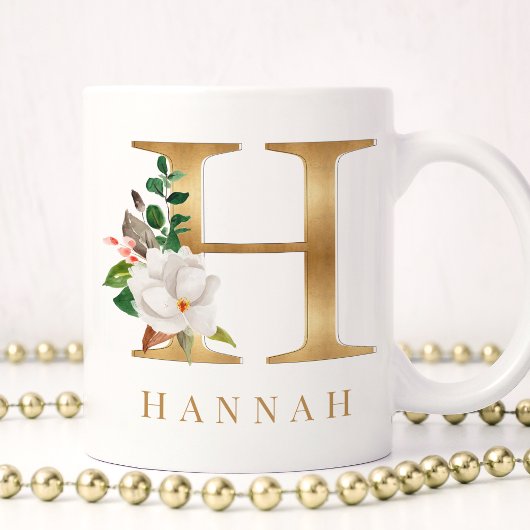 Mug Aquarelle Florale & Lettre or H Monogramme