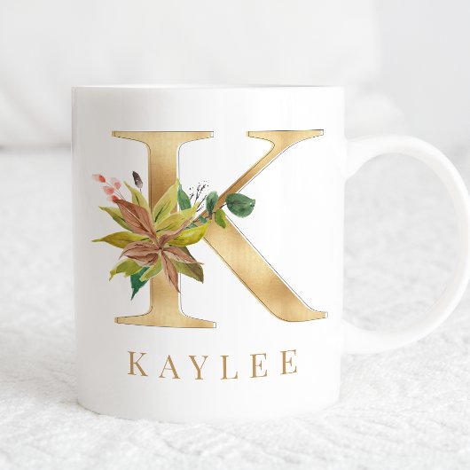 Mug Aquarelle Florale & Lettre or K Monogramme