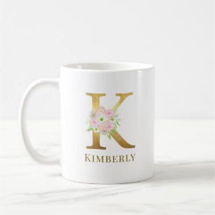 Mug Aquarelle Florale & Lettre or K Monogramme