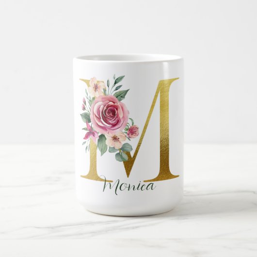 Mug Aquarelle Florale & Lettre Or M, Nom (Centre)