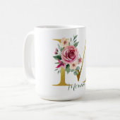 Mug Aquarelle Florale & Lettre Or M, Nom (Devant gauche)