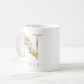 Mug Aquarelle Florale & Lettre or N Monogramme (Devant gauche)