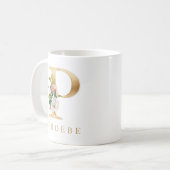 Mug Aquarelle Florale & Lettre or P Monogramme (Devant gauche)