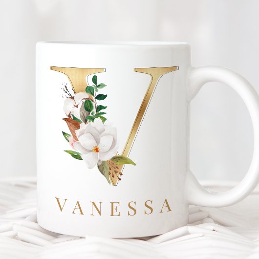 Mug Aquarelle Florale & Lettre or V Monogramme